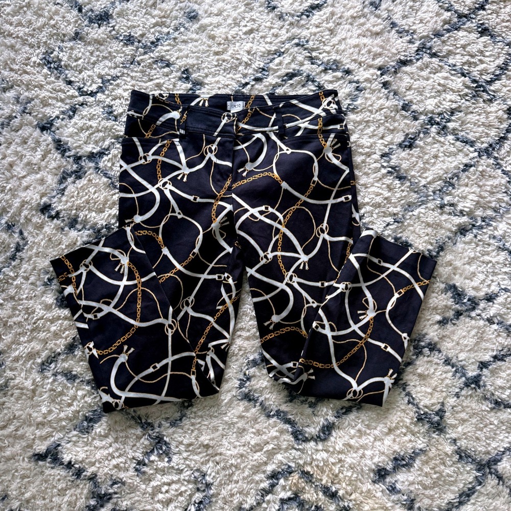 Cache Chain Print Trousers Women 10 Black Gold‎ Nautical Slim Fit Dress Pants